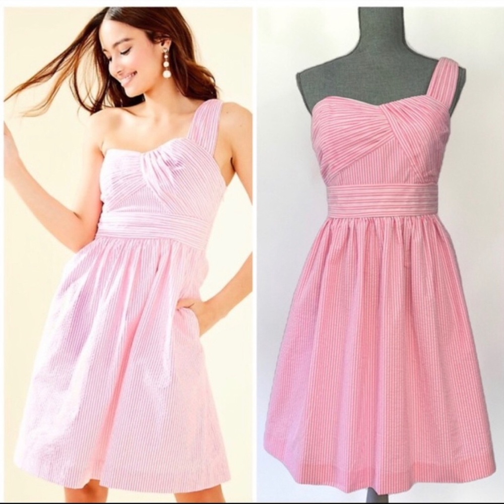 Lilly Pulitzer Pink Seersucker One-Shoulder Fit-and-Flare Dress